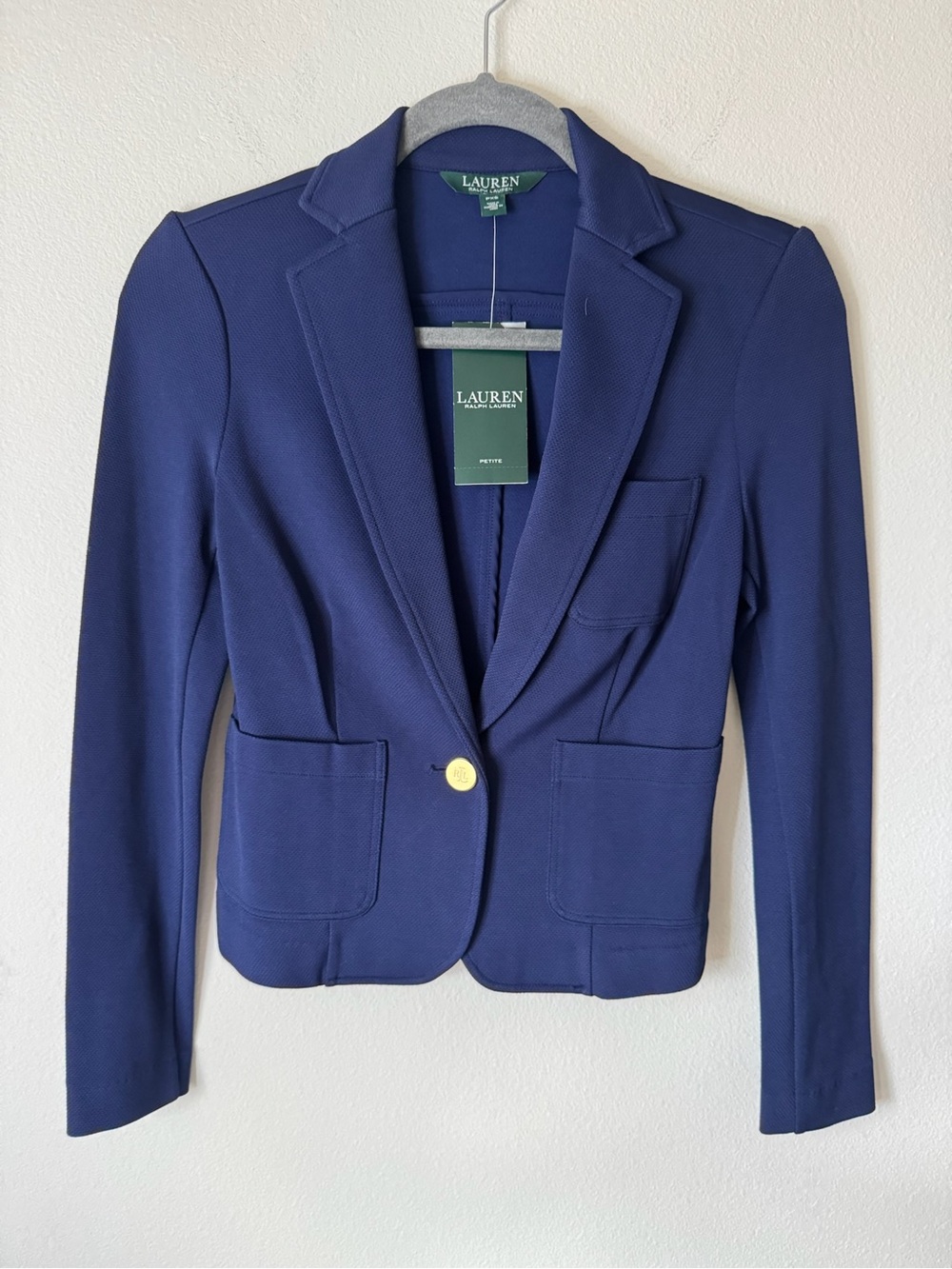 NWT Lauren Ralph Lauren Petite XS Blue Knit Blazer Jacket Gold Buttons